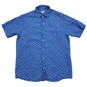 Peter Millar Blue Short Sleeve Linen Button Down Shirt Shark Print Size M